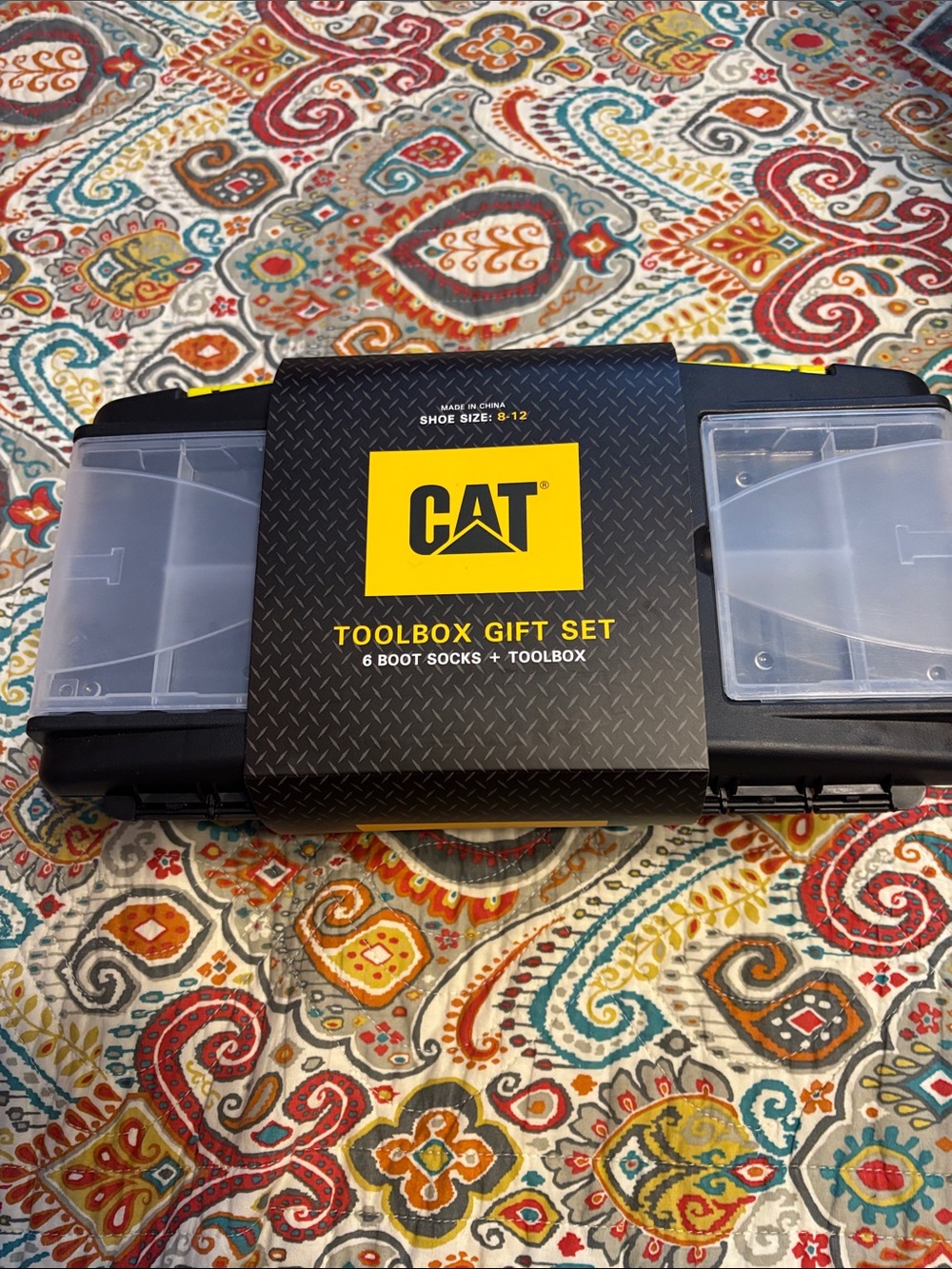 NWT CAT Logo Tool Box Organizer in Black and Yellow with 6 boot socks size 8-12